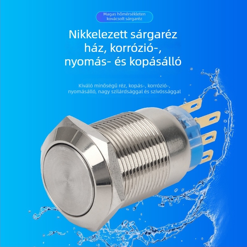 19 mm kék gombkapcsoló, fémlappal és előlap-körforgóval, IP65 védelemmel, önzáró, visszaállítás, pillanatnyi indítás, megvilágított