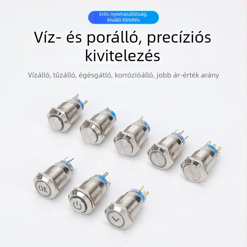 19 mm kék gombkapcsoló, fémlappal és előlap-körforgóval, IP65 védelemmel, önzáró, visszaállítás, pillanatnyi indítás, megvilágított