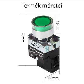 Chint NP2-BW3361/3461 gombkapcsoló, 24/220V, önvisszaálló, 1 normálisan nyitott érintkező, LED jelzőfény, piros/zöld/sárga