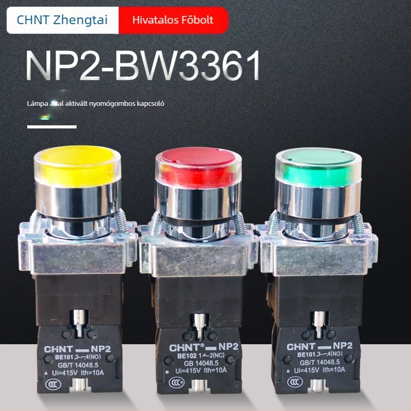 Chint NP2-BW3361/3461 gombkapcsoló, 24/220V, önvisszaálló, 1 normálisan nyitott érintkező, LED jelzőfény, piros/zöld/sárga