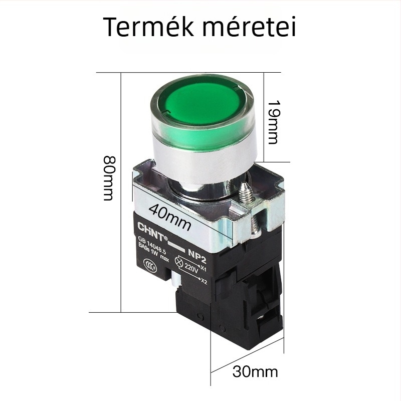 Chint NP2-BW3361/3461 gombkapcsoló, 24/220V, önvisszaálló, 1 normálisan nyitott érintkező, LED jelzőfény, piros/zöld/sárga