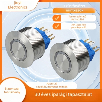 30 mm átmérőjű mikro nyomógombos kapcsoló rozsdamentes acélból, víz- és porálló, pillanatnyi működés, körkörös sík fej, fém nyomógombos kapcsoló 30A