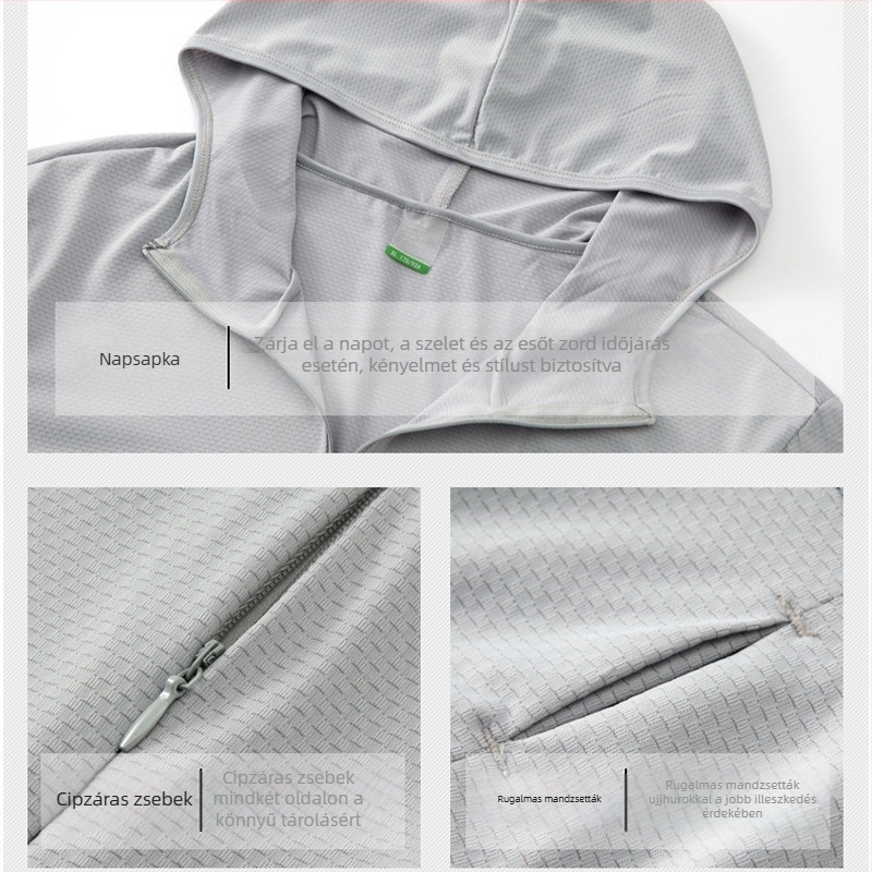 Uniszex kapucnis dzseki UPF50 UV-védelemmel, könnyű ice silk anyagból, lélegző, nyár–ősz outdoor viselet, egyedi logóval