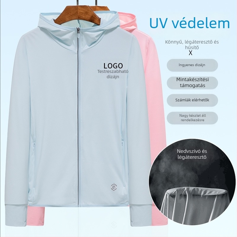 Uniszex kapucnis dzseki UPF50 UV-védelemmel, könnyű ice silk anyagból, lélegző, nyár–ősz outdoor viselet, egyedi logóval