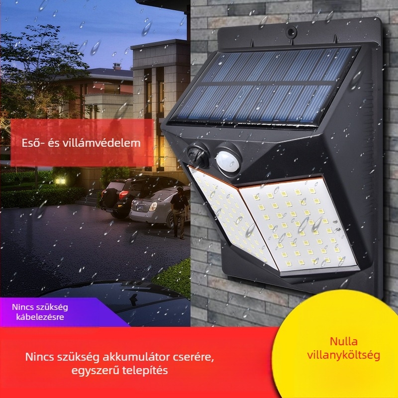 Napelemes LED szenzoros falikar kültéri használatra, kertvilágítás, 40 LED, 120° fénysugár, műanyag ház, mozgásérzékelő