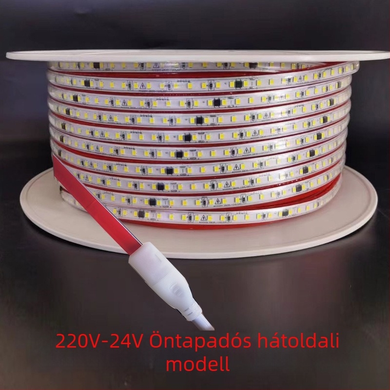 Driver nélküli LED-szalag 220V, 2835, 120 LED, réz tartó, 10 cm-es szakasz, öntapadó hátoldal