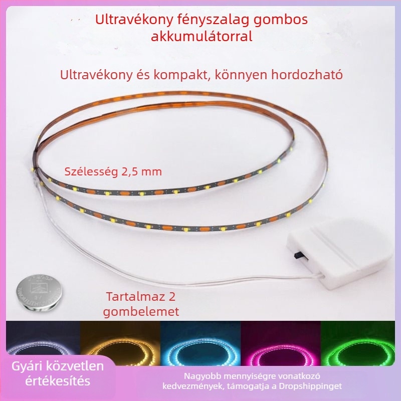 Monokróm LED-szalag 5V, gombelemmel ellátott dobozával és kapcsolóval, öntapadós, beltéri dekoratív világítás, 60 LED, 120° fényáram, állítható fényerő