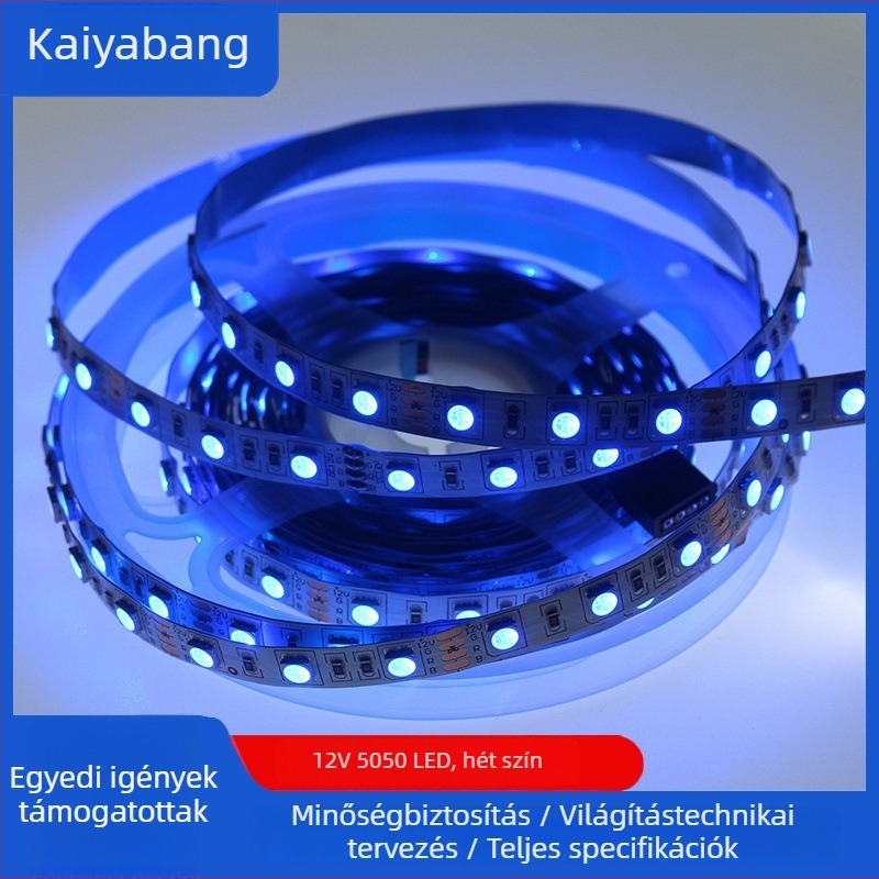 Raktáron 12V RGB LED szalag, 5050 LED-ek, rugalmas, lila fény, 60 LED/m