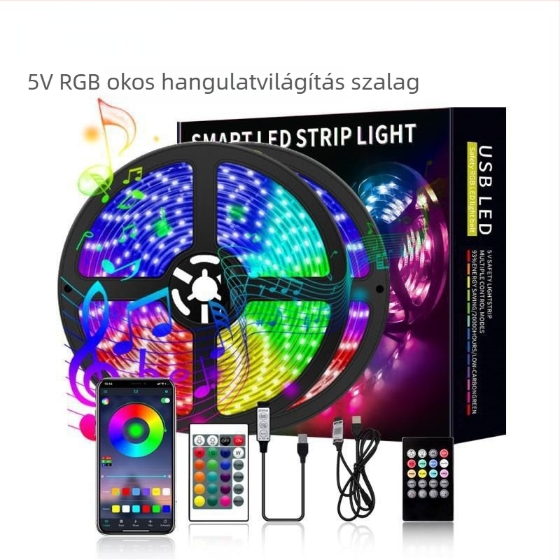 5V LED szalag készlet 5050RGB, vízálló, USB tápegység, 24 gombos távirányító, zene és Bluetooth, televíziós háttérvilágítás