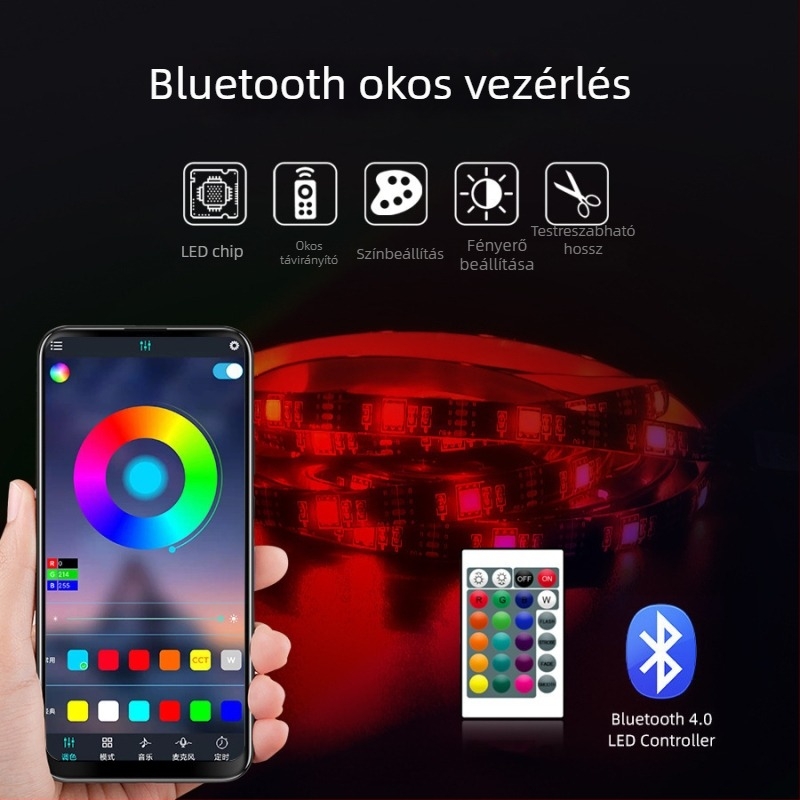 5V LED szalag készlet 5050RGB, vízálló, USB tápegység, 24 gombos távirányító, zene és Bluetooth, televíziós háttérvilágítás