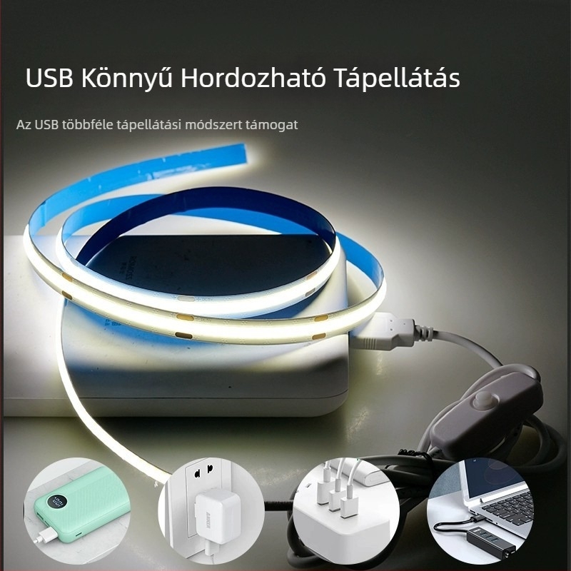5V COB LED szalag öntapadó szalaggal, USB kapcsolóval, TV hátterének világításához, lágy fény, fényfoltok nélkül
