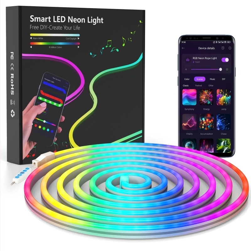 RGB LED szalagkészlet Bluetooth és hangvezérléssel, rugalmas neon-stílusú világítás
