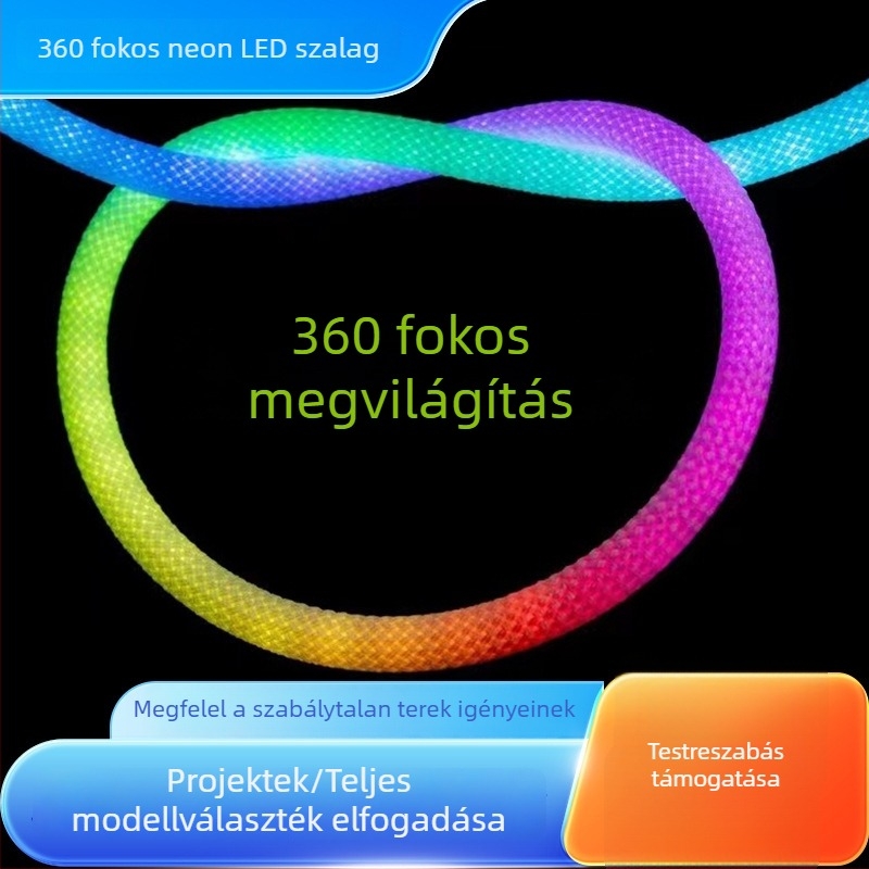 360° RGB LED neon szalag hálós textúrával, rugalmas, 5V/24V, színváltó fény