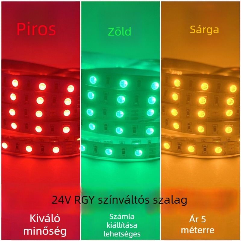 Piros, zöld és sárga 24V háromszínű LED-szalag közös pozitív és közös negatív csatlakozással, eszközök és gépek jelzőfényéhez.