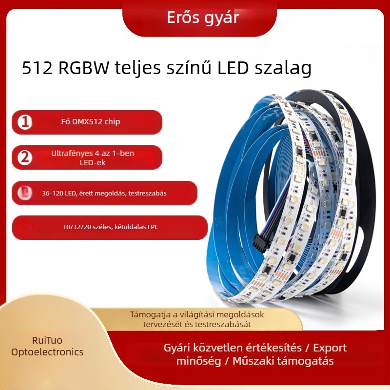 DMX512 RGBW teljes színű LED-szalag, 24V, öntapadós, 10 szegmens, 60 LED 5050 RGBW, 5 m hosszú