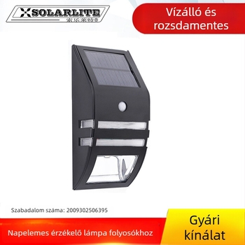 0451 Fekete rozsdamentes acélból készült napelemes falikar PIR mozgásérzékelővel, 2 LED, lépcsőházhoz és folyosóhoz