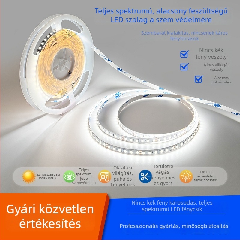 LED teljes spektrumú szemvédő csíkfény, Ra98, 24V alacsony feszültség, öntapadós puha lineáris LED-szalag