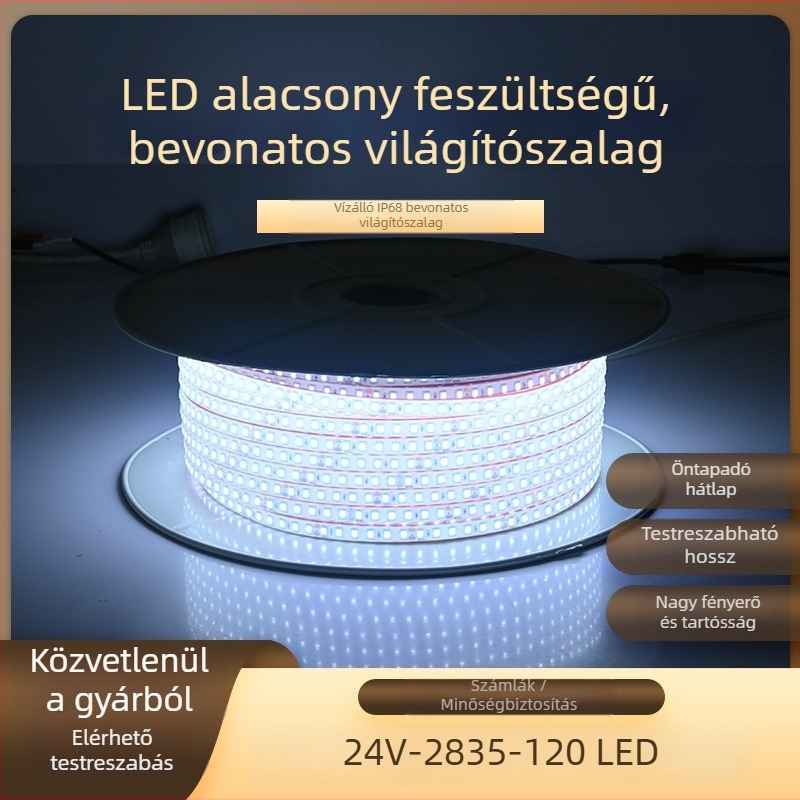 Vízálló 24V-os LED-szalag kültéri használatra, öntapadós, 2835 LED-ek, lineáris, 120 LED, gumiborított bevonat, integrált extrudált szalag