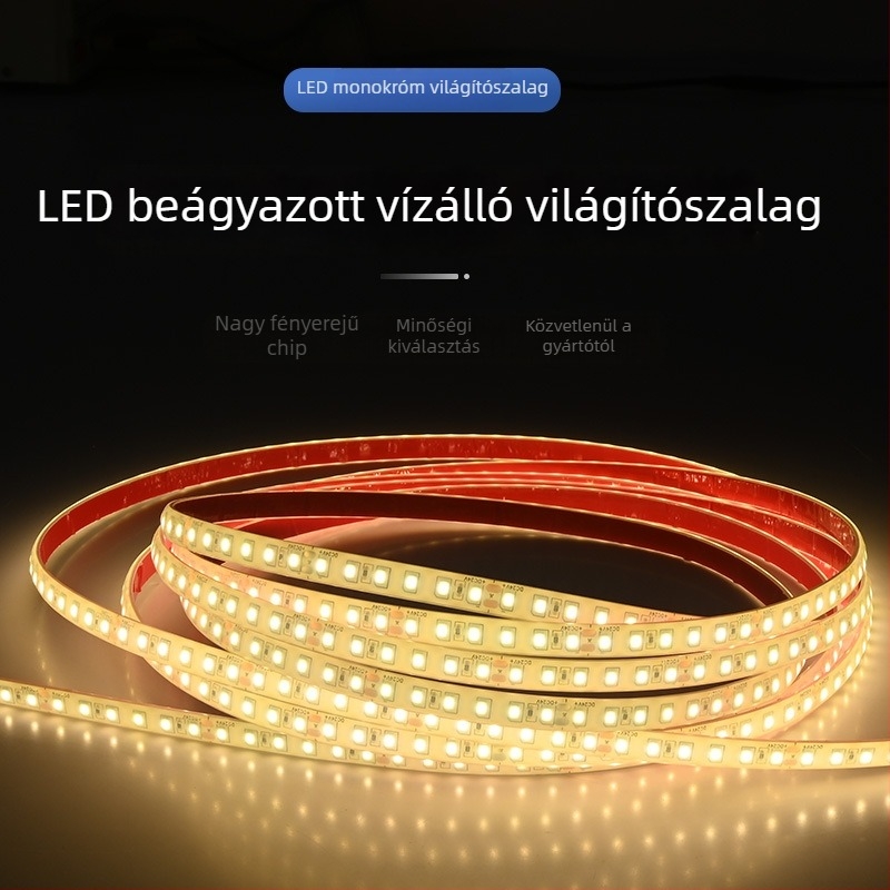 Vízálló 24V-os LED-szalag kültéri használatra, öntapadós, 2835 LED-ek, lineáris, 120 LED, gumiborított bevonat, integrált extrudált szalag