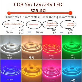 COB LED szalag, 5V/12V/24V, szélesség 3/5/8/10 mm, fehér és meleg fehér fény, piros, zöld, kék, rózsaszín, jégkék, aranysárga