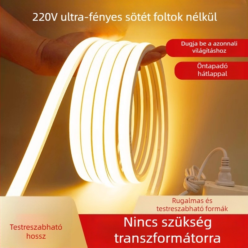 COB LED szalag 220V, vízálló, öntapadó, lineáris mennyezeti világítás, 240 LED-del, 180°-os sugárzás