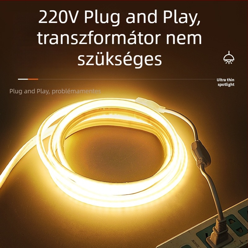 COB LED szalag 220V, vízálló, öntapadó, lineáris mennyezeti világítás, 240 LED-del, 180°-os sugárzás