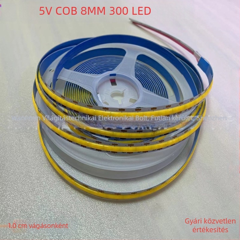 5V COB LED-szalag, rugalmas, öntapadó, 8 mm szélesség, USB-tápellátás, beltéri világítás
