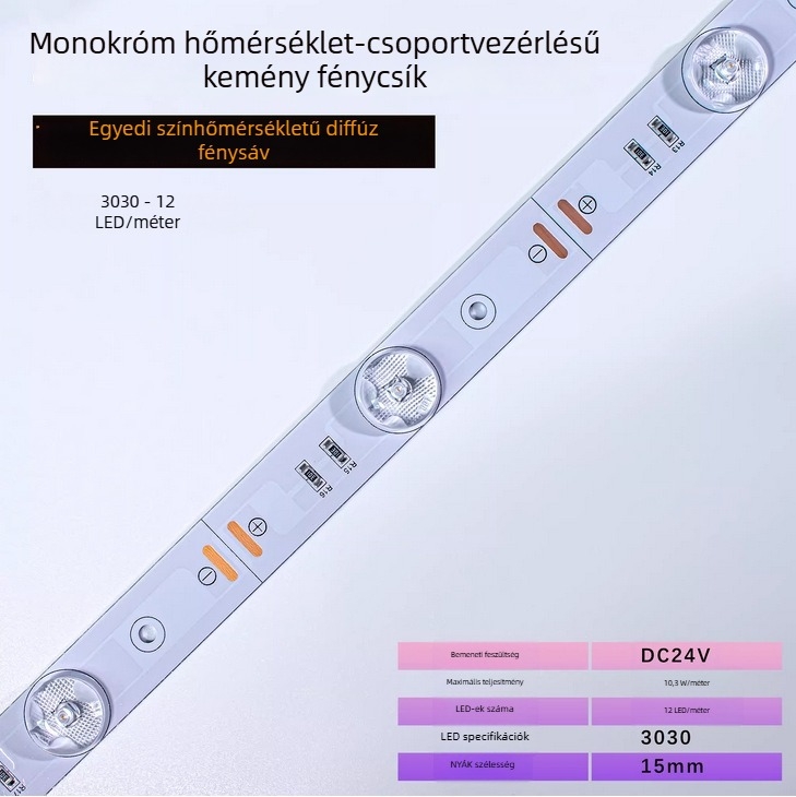 12 LED-es mono színű 3030 diffúziós merev LED-szalag, magas fényerő és színvisszaadás, 3 lépéses színeltérés, 8 színhőmérséklet, 24V