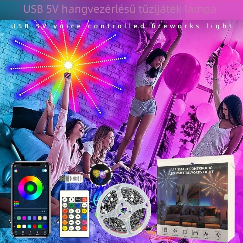 RGB varázslatos színű LED csík USB 5V, Bluetooth hangvezérlés, APP vezérlés, folyó fényhatás, karácsonyi dekoráció