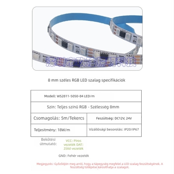 WS2811 RGB LED szalag, 8 mm keskeny csupasz PCB, 5050 LED-ek, 84 LED/m, teljes színű, vízesés effektus futófénycsík