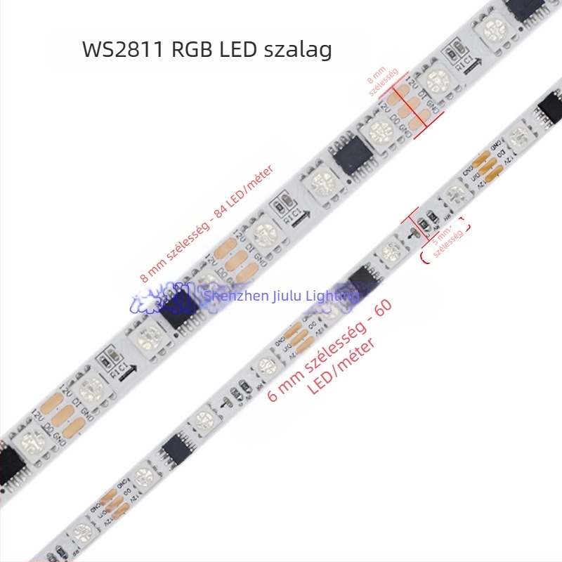 WS2811 RGB LED szalag, 8 mm keskeny csupasz PCB, 5050 LED-ek, 84 LED/m, teljes színű, vízesés effektus futófénycsík