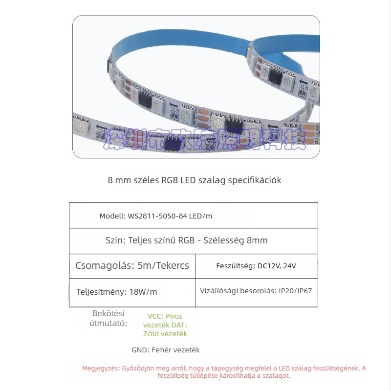 WS2811 RGB LED szalag, 8 mm keskeny csupasz PCB, 5050 LED-ek, 84 LED/m, teljes színű, vízesés effektus futófénycsík