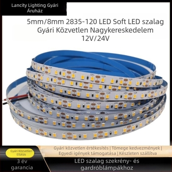 LED-szalag 2835, 12V, 8 mm szélességű, 120 LED, szilikon lineáris világító szalag szekrényekhez és vitrinekhez