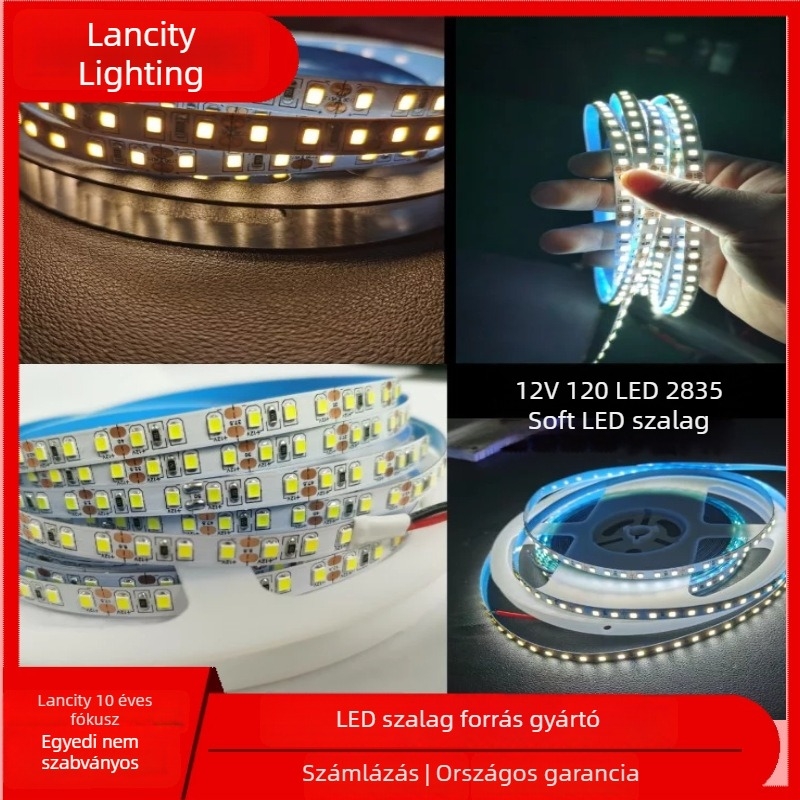 LED-szalag 2835, 12V, 8 mm szélességű, 120 LED, szilikon lineáris világító szalag szekrényekhez és vitrinekhez