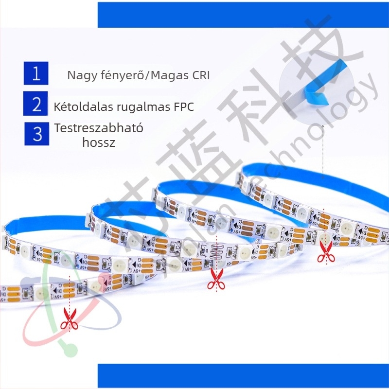 WS2812B RGB LED szalag, 5,5 mm keskeny, 5V, egyenként címezhető, programozható hangulatvilágítás