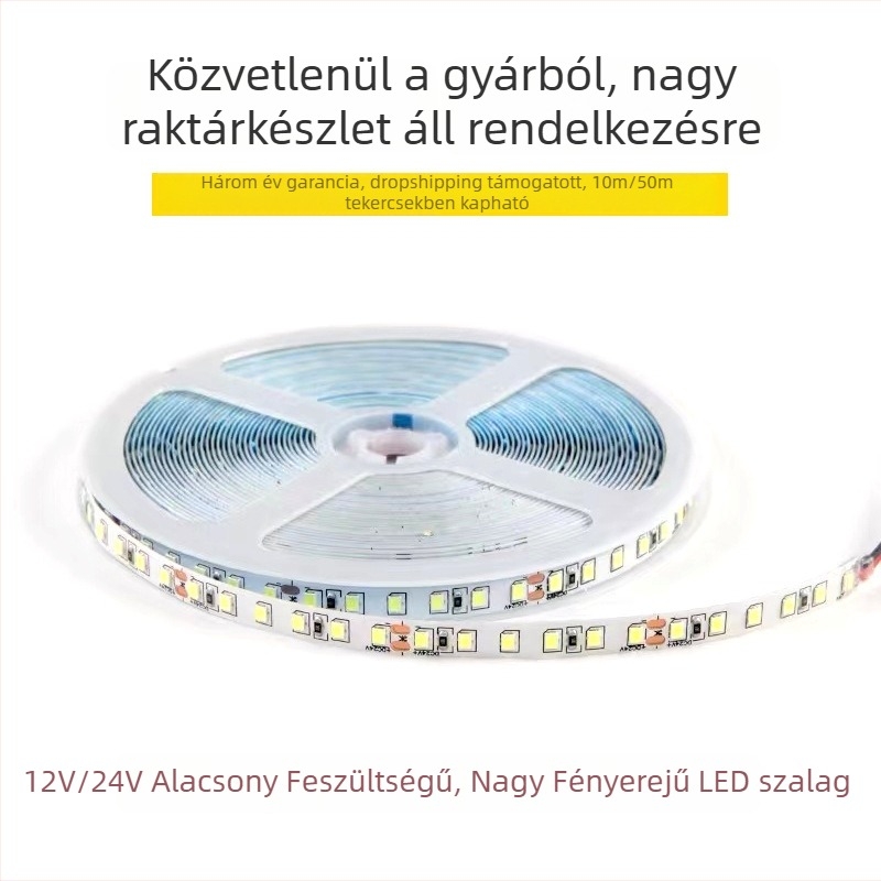 2835-ös LED rugalmas szalag, 12V, 120 LED, beltéri dekoratív világítás, dimmelhető, 10 m hosszú, CRI ≥85, 12W