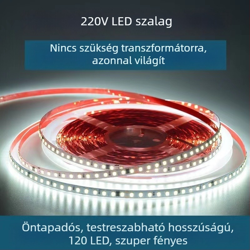 220V-os LED lineáris fénycsík – öntapadó, beltéri mennyezet- és szekrényvilágítás, alumíniumcsatorna, 120 LED, 10W