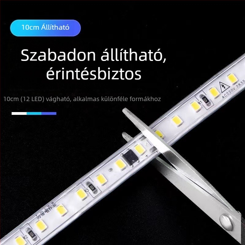220V-os LED lineáris fénycsík – öntapadó, beltéri mennyezet- és szekrényvilágítás, alumíniumcsatorna, 120 LED, 10W