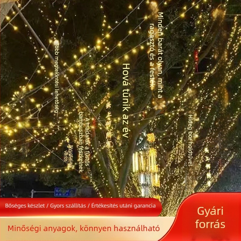 Kültéri LED-sorok világító költői karakterekkel – bárdekoráció, akasztás faágra és táj-neon felirat