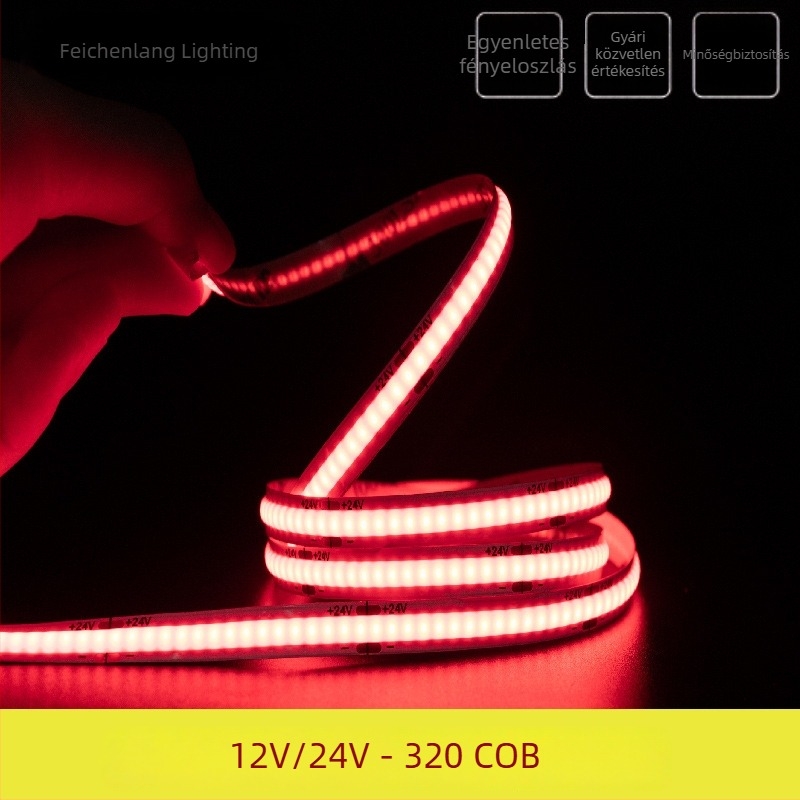 COB LED-szalag alacsony feszültségű, 12V/24V, öntapadós szilikon, nagy fényerő, 320 LED, hajlítható beltéri világításhoz, dimmelhető, 12 W/m, élettartam 50 000 óra