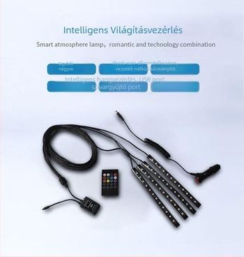 9 LED-es autó belső LED-sáv, 1-4 osztással, távirányítós, RGB 5050