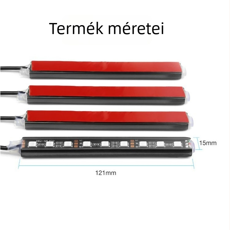 9 LED-es autó belső LED-sáv, 1-4 osztással, távirányítós, RGB 5050