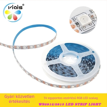 WS2812B RGB LED szalag, 5V, vízálló, színváltozó, 5 m hosszú, öntapadó