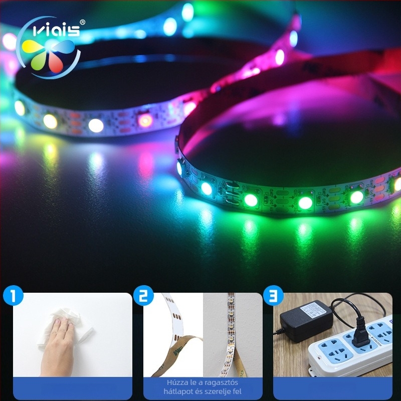 WS2812B RGB LED szalag, 5V, vízálló, színváltozó, 5 m hosszú, öntapadó