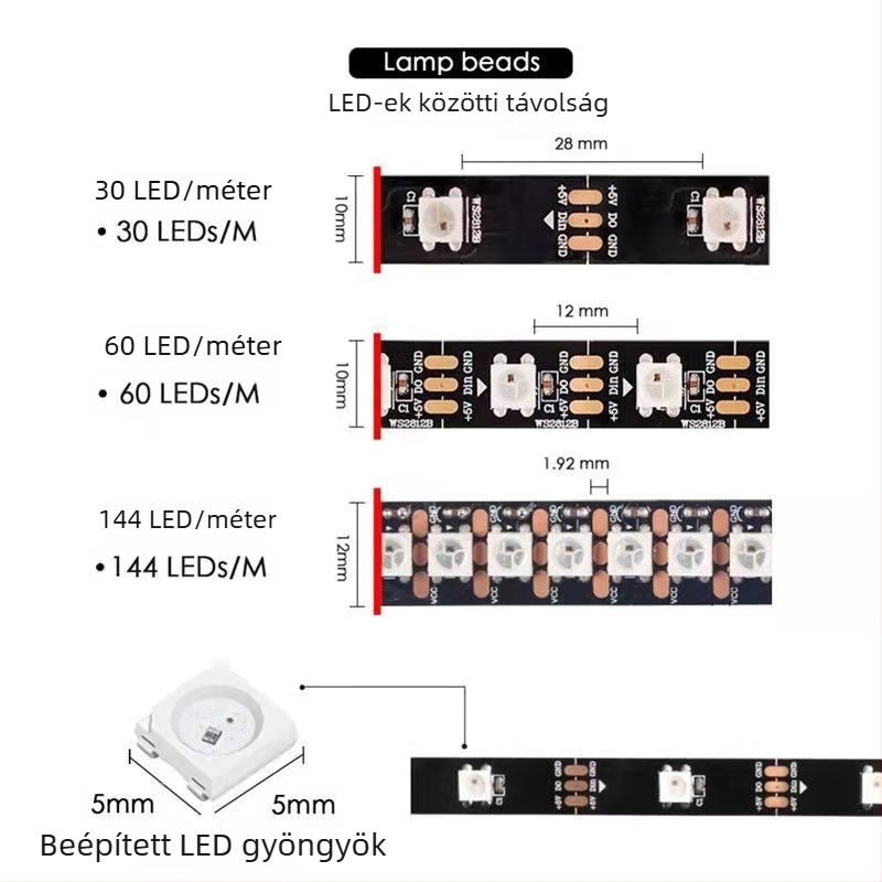 WS2812B RGB LED szalag, 5V, vízálló, színváltozó, 5 m hosszú, öntapadó