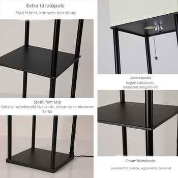 Háromszintes polcos állólámpa, amerikai stílusban, fekete keret, nordic minimalista dizájn, Négyzet alakú textile árnyékoló