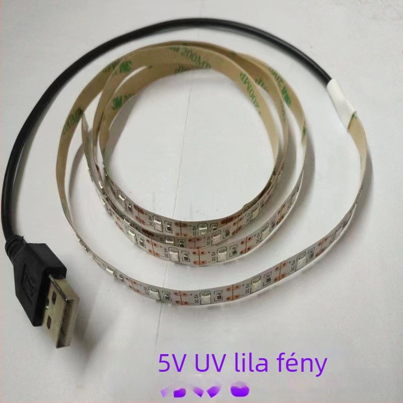 5V USB-s lilá UV LED-szalag, 2835 SMD, 120 LED, 5,76 W/m, rugalmas öntapadó fertőtlenítéshez
