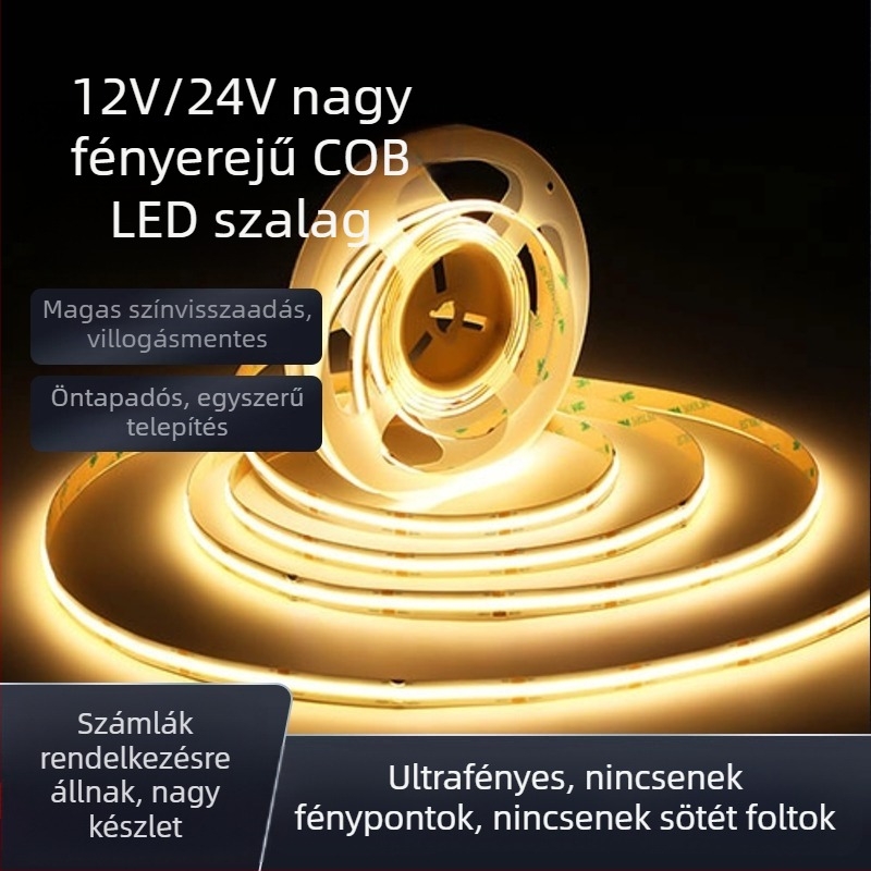 COB folyamatos LED-szalag, rugalmas, alacsony feszültségű 12/24V, beltéri szekrény- és vitrins világításhoz alumínium csatornával