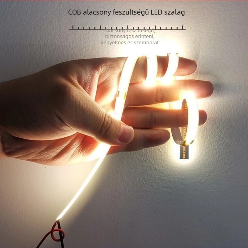 COB folyamatos LED-szalag, rugalmas, alacsony feszültségű 12/24V, beltéri szekrény- és vitrins világításhoz alumínium csatornával