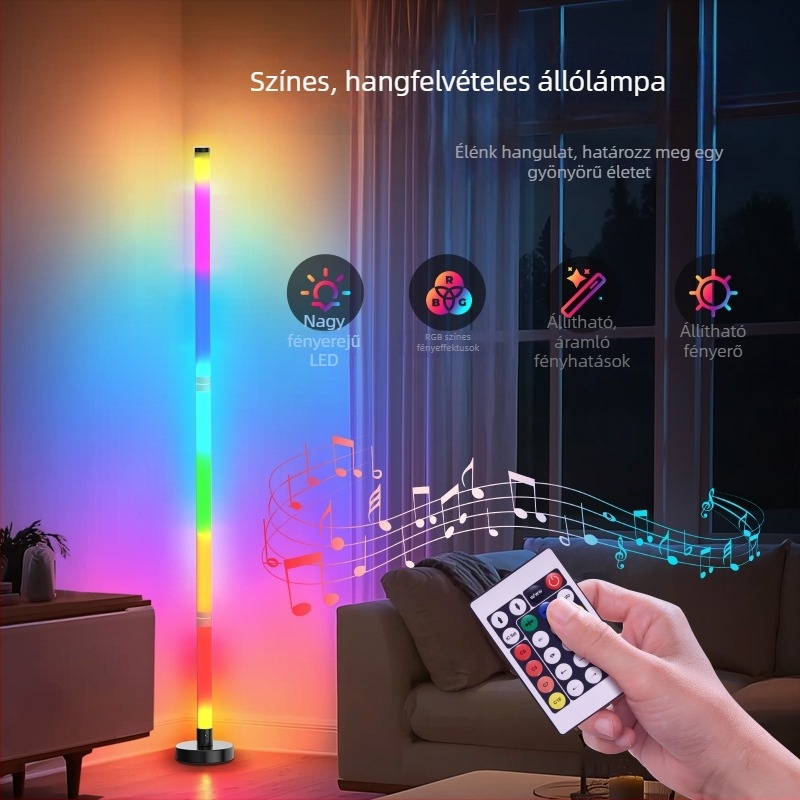 LED állólámpa hangulatfénnyel, ünnepi dekorációval és zenés ritmussal, távirányítóval, nappali és hálószoba.